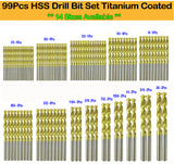 99Pcs HSS Twist Drill Bit Set Jobber Length Titanium Nitrided Metalworking Drill Steel Metal Iron Plastic Wood